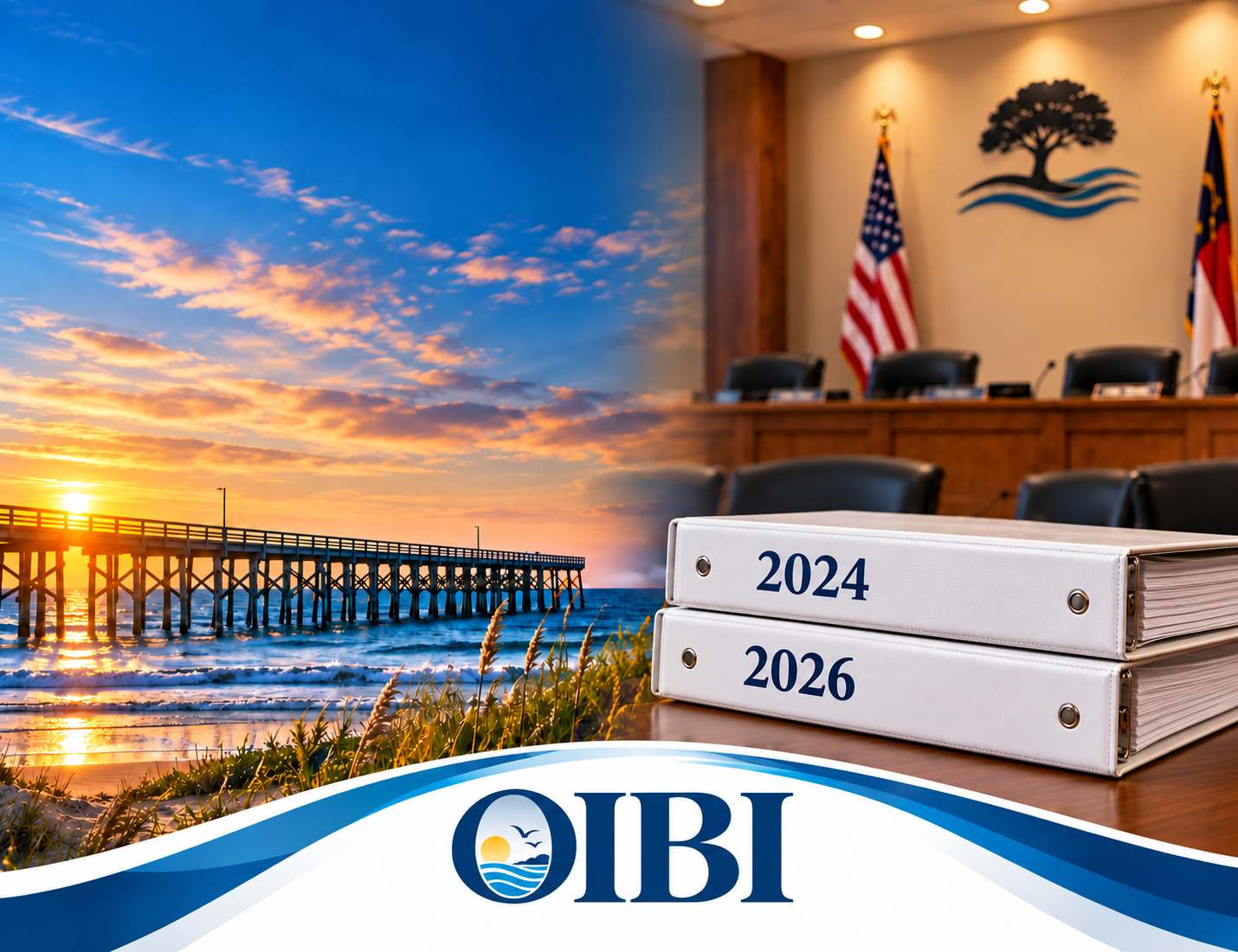 OIBI editorial illustration showing two white three-ring binders labeled 2024 and 2026 before a council chamber and coastal pier