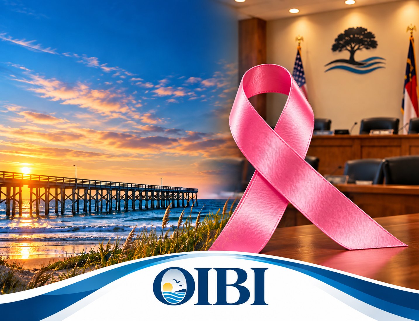 OIBI editorial illustration with a pink breast cancer awareness ribbon and imagery representing community event oversight