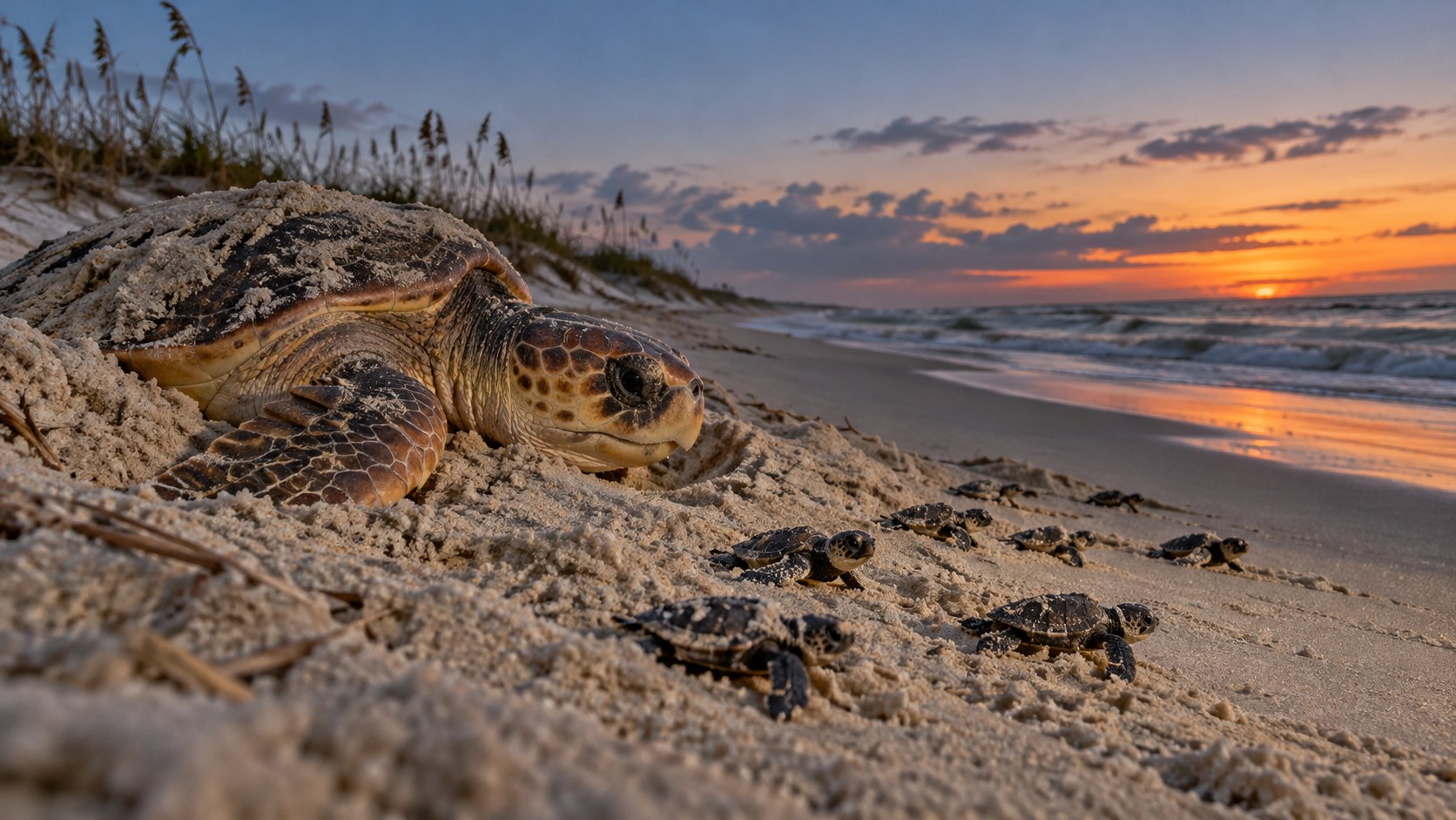 Illustration of an adult loggerhead sea turtle and hatchlings on a beach at sunrise